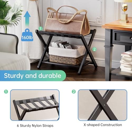 SMIBUY Bamboo Suitcase Stand with Storage, Black (1 Pack)