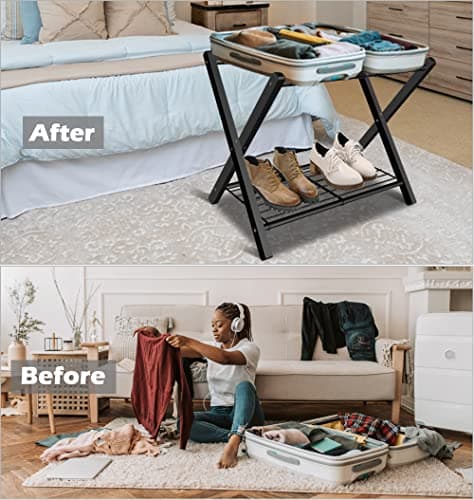 Black Metal Foldable Suitcase Stand with Shelf, 1 Pack