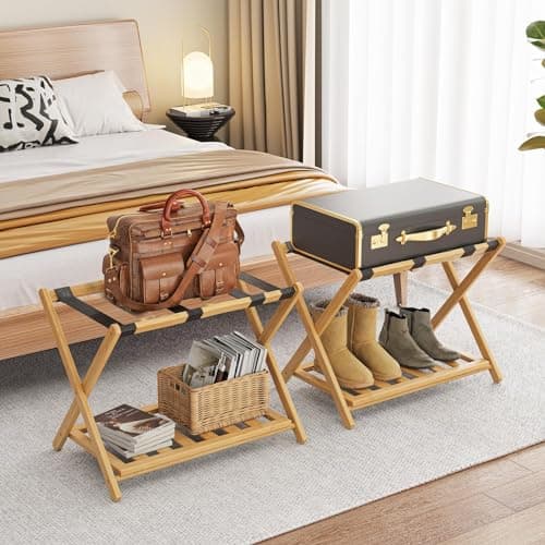 Wooden Luggage Racks Set of 3, Foldable with Storage Shelf, Hotel Suitcase Stand