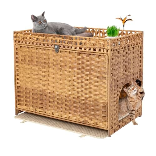 Handwoven Rattan Cat House with Door for Large Cats, Natural Enclosure Furniture
