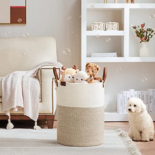 VipoSCO Large White & Brown Woven Laundry Basket for Living Room