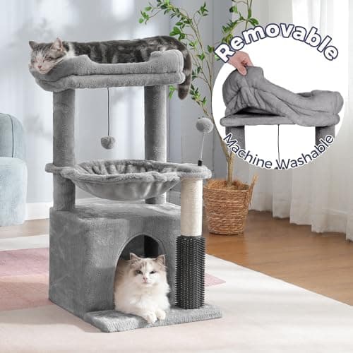 5 in 1 Cat Tree, 32" Tower with Groomer & Hammock-Gray