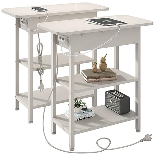 LIDYUK Flip Top Side Table with USB Ports & Outlets, White — White