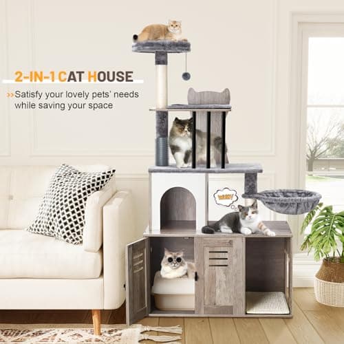 Modern 2-in-1 Cat Tree with Litter Box Enclosure for Indoor Cats, 58.66’’ Wood Condo with Scratching Post and Hammock, Grey