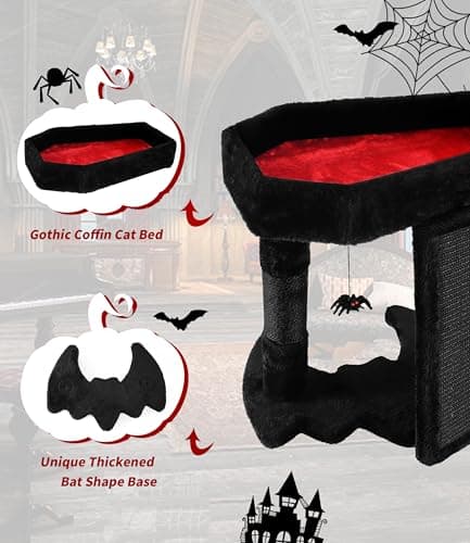 Gothic Cat Tree Tower with Coffin Bed & Sisal Scratch Post, Black & Red