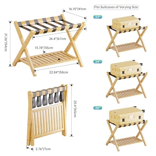 SMIBUY Natural Foldable Bamboo Luggage Rack with Storage Shelf