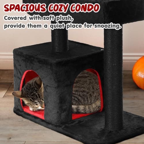 Heavy Duty Black & Red Gothic Cat Tree with Spacious Condo & Scratching Posts