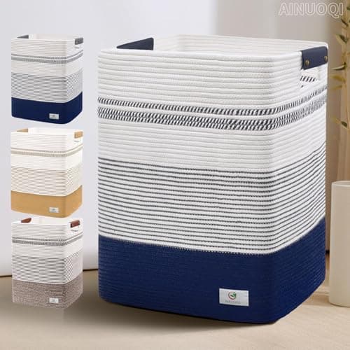 Large Tall Woven Rope Laundry Hamper with Leather Handles - Dark Blue & White