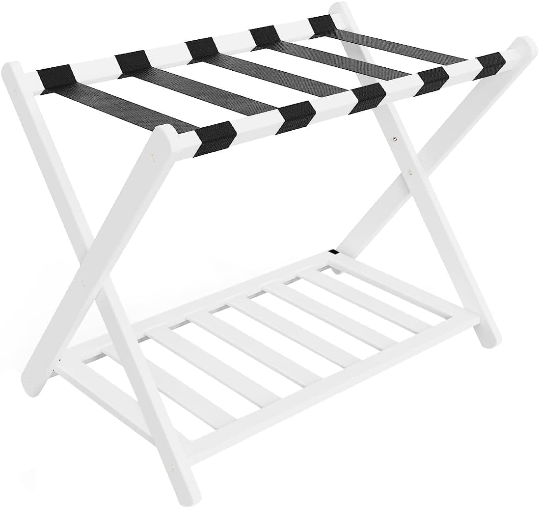 Bamboo Folding Luggage Rack with Magnetic Lock - White