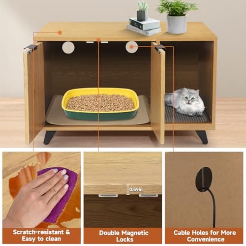 Modern Cat Litter Box Enclosure with Scratching Pad & Natural Oak Legs