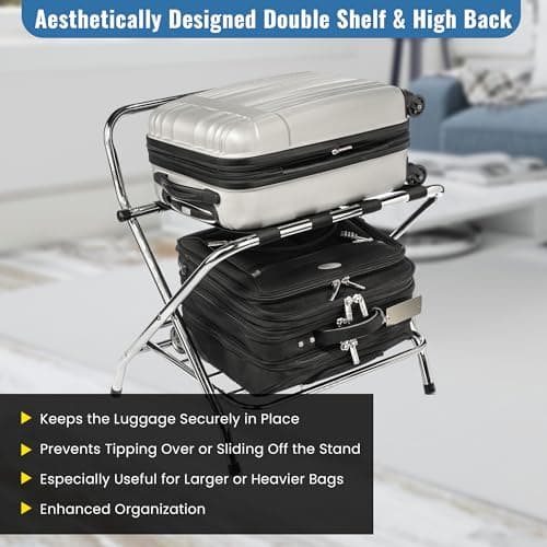 Double Tier Luggage Rack with High Back, Chrome, Assembly Included, Foldable Guest Room Organizer