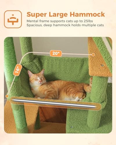 Tall Cat Tree for Large Cats 20 lbs with Hammock & 4 Sisal Posts - Cactus Green