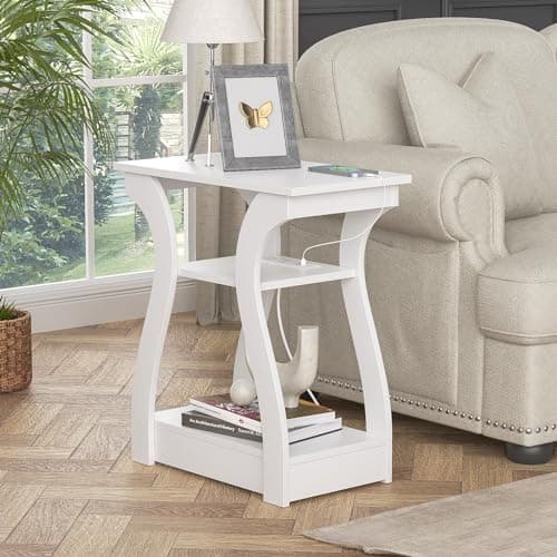 White End Table with Charging Station for Living Room and Bedroom Storage Shelf