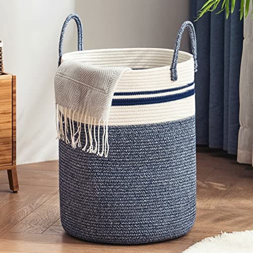 YOUDENOVA Tall 58L Jute Rope Laundry Hamper for Bedroom and Baby Nursery — Blue
