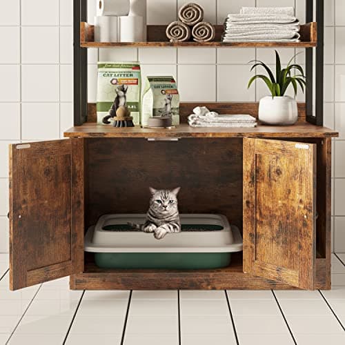 IRONCK Large Wood Cat Litter Box with 4 Shelves & Doors, Hidden Storage, Vintage Brown