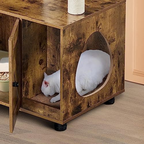 Yaheetech Cat House with Litter Box Enclosure and Tree - All-in-One Wooden Furniture in Rustic Brown/Beige