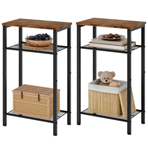 Hoctieon 3-Tier End Table with Storage, White Metal Frame, Living Room & Bedroom — Rustic Brown