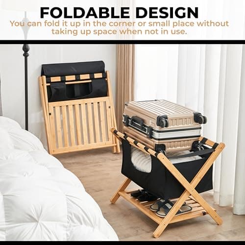 Bamboo Folding Luggage Racks for Guest Room with Laundry Bag and Shoe Rack (Set of 2)