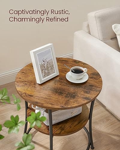 VASAGLE Round End Table with 2 Shelves for Living Room, Bedroom & Nightstand, Rustic Brown & Ink Black