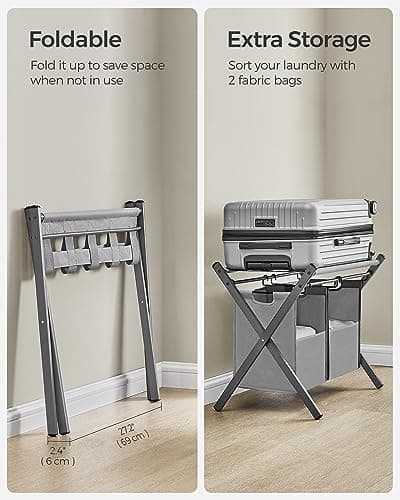 SONGMICS 2 Pack Slate Gray Luggage Racks with Laundry Bag, Foldable for Guest Room Storage URLR008G02