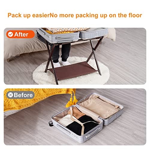 Luggage Rack Set of 2 for Guests, Steel Folding Suitcase Stand with Storage Shelf, Brown