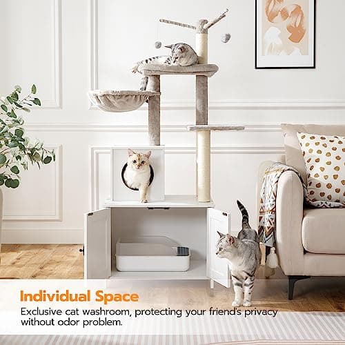 HOOBRO White Cat Tree Tower with Litter Box Enclosure WT15MZ03