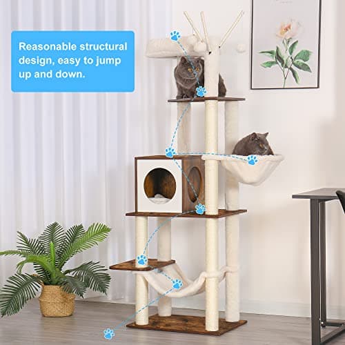 Hey-Brother Rustic Brown Wooden Cat Tree with Scratching Posts & Hammocks MPJ120SR