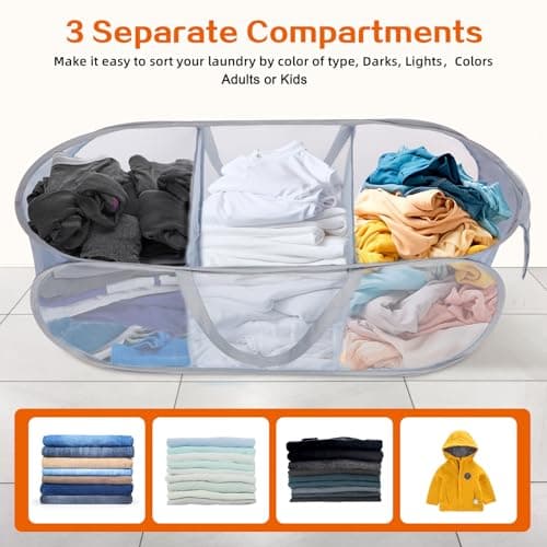 Sturdy 3-Compartment Collapsible Laundry Hamper with Handy Pocket - Grey