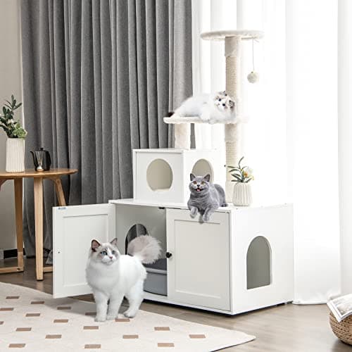 Tangkula 2-in-1 Litter Box with Cat Tree & Hidden Washroom for Indoor Cats (White)