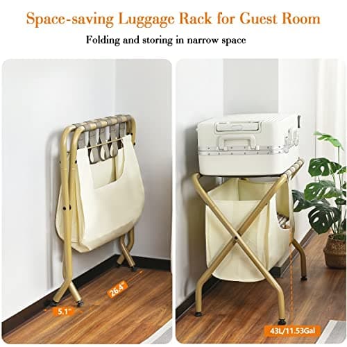 Elyken Gold 2 Pack Luggage Rack with Laundry Bag, Max 110Lbs Storage Shelf