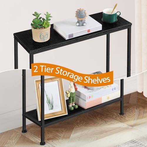 OYEAL Black Narrow Side Table with Cup Holder and Storage Shelf