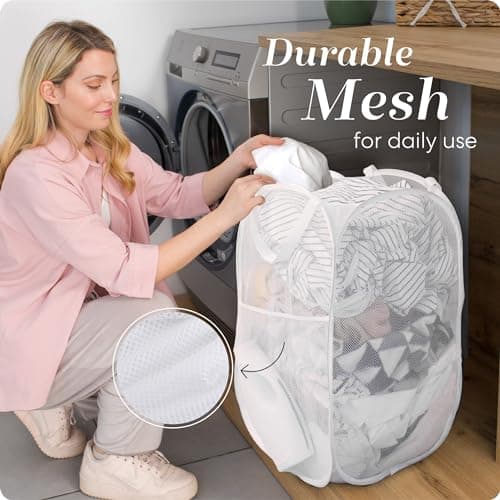 Sturdy White Collapsible Laundry Hamper with Side Pocket – Space-Saving and Breathable (2-Pack)