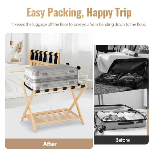 2-Pack Foldable Bamboo Suitcase Stand with Storage Shelf, 6 Nylon Straps, Ideal for Hotel Rooms