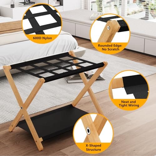 Natural Solid Wood PC Luggage Rack, Storage Shelf, Up to 180 LBS, Easy Assembly, Nylon Straps