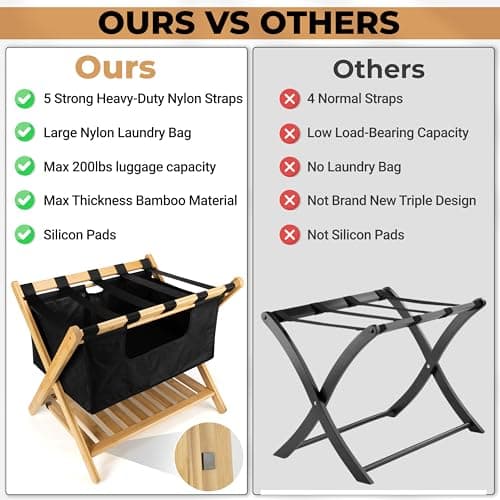 Bamboo Folding Luggage Racks for Guest Room with Laundry Bag and Shoe Rack (Set of 2)
