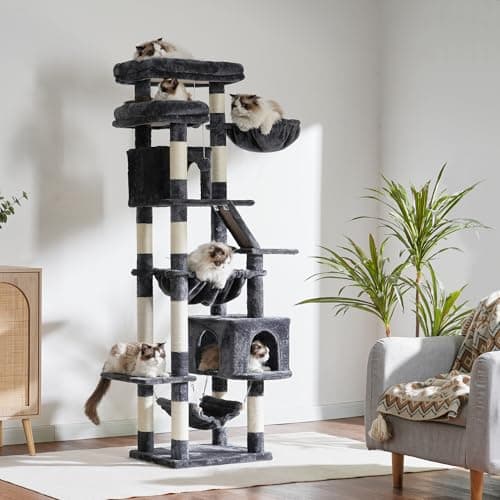 71-Inch Tall Cat Tree Tower with Multiple Features for Indoor Cats, Smoky Gray