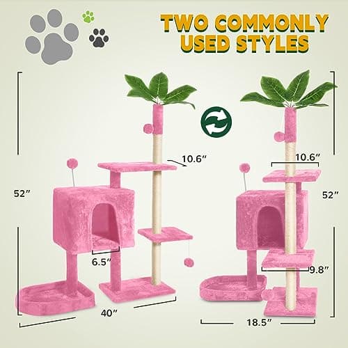 Indoor Cat Tree Tower with Green Leaves and Multi-Level Cozy Plush Condo Scratching Posts, Pink