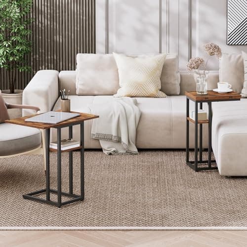HOOBRO Foldable C-Shaped End Table with Storage, Rustic Brown, BF29SF01
