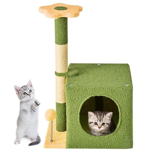24 Inch Pink Floral Cat Tree with Condo, Scratching Post & Soft Ball — 24" Yellow
