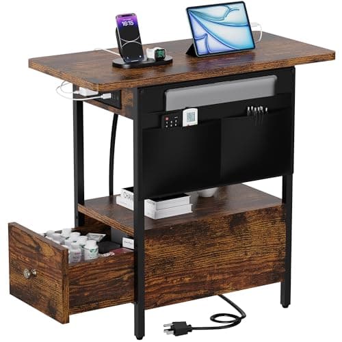 Narrow Nightstand with Storage & Charging for Small Spaces — Rustic Brown