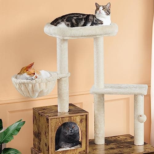 Yaheetech Cat House with Litter Box Enclosure and Tree - All-in-One Wooden Furniture in Rustic Brown/Beige