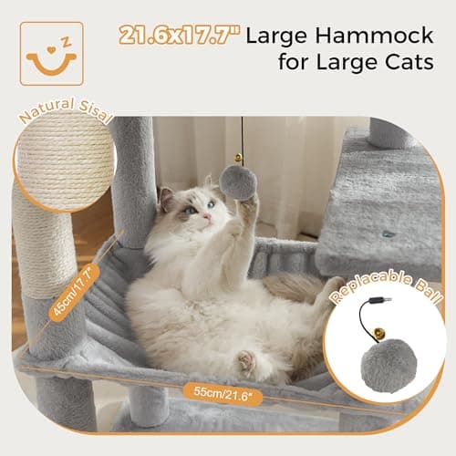 Large Indoor Cat Tree with Hammock & Scratch Post (54", Grey)