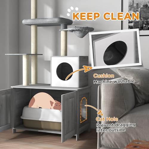 PawHut 2-in-1 Cat Tree & Litter Box Enclosure, Gray