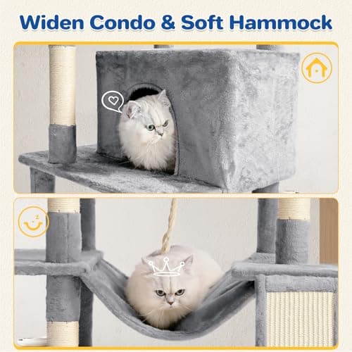 Multi-Level Cat Tree Tower with Sisal Scratching Posts & Hammock - Light Grey