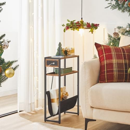 HOOBRO Rustic Brown & Black 3-Tier Charging End Table, BF103UBZ01