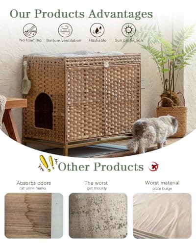 Hidden Handwoven Rattan Cat Litter Box Enclosure, Large Metal Feet, 30.3 x 18.3 x 28 Inches, Indoor