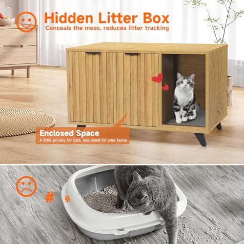 Modern Cat Litter Box Enclosure with Scratching Pad & Natural Oak Legs
