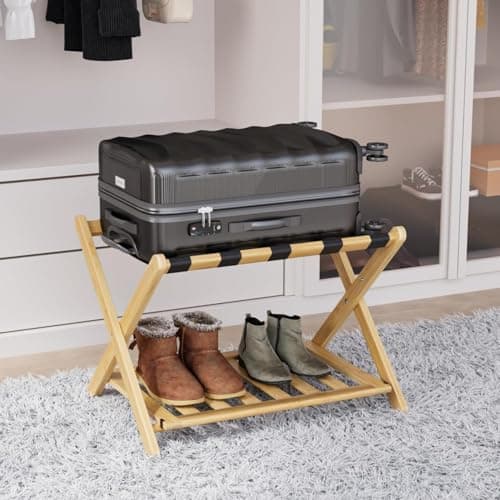 Fully Assembled Bamboo Luggage Stand with Storage, 5 Nylon Straps, Heavy Duty, Natural — Natural wood -1pack