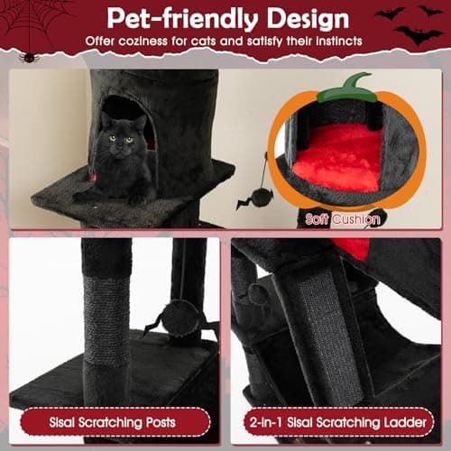 Gothic 67 Inch Tall Cat Tree with Scratching Posts & Ladder, Spooky Balls & Hammock, Black