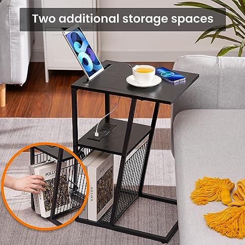 C Shape Side Table with Charging Station and Phone Holder for Small Spaces